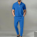 Men's solid colour waffle lapel suit set with short-sleeve top and trousers in khaki
