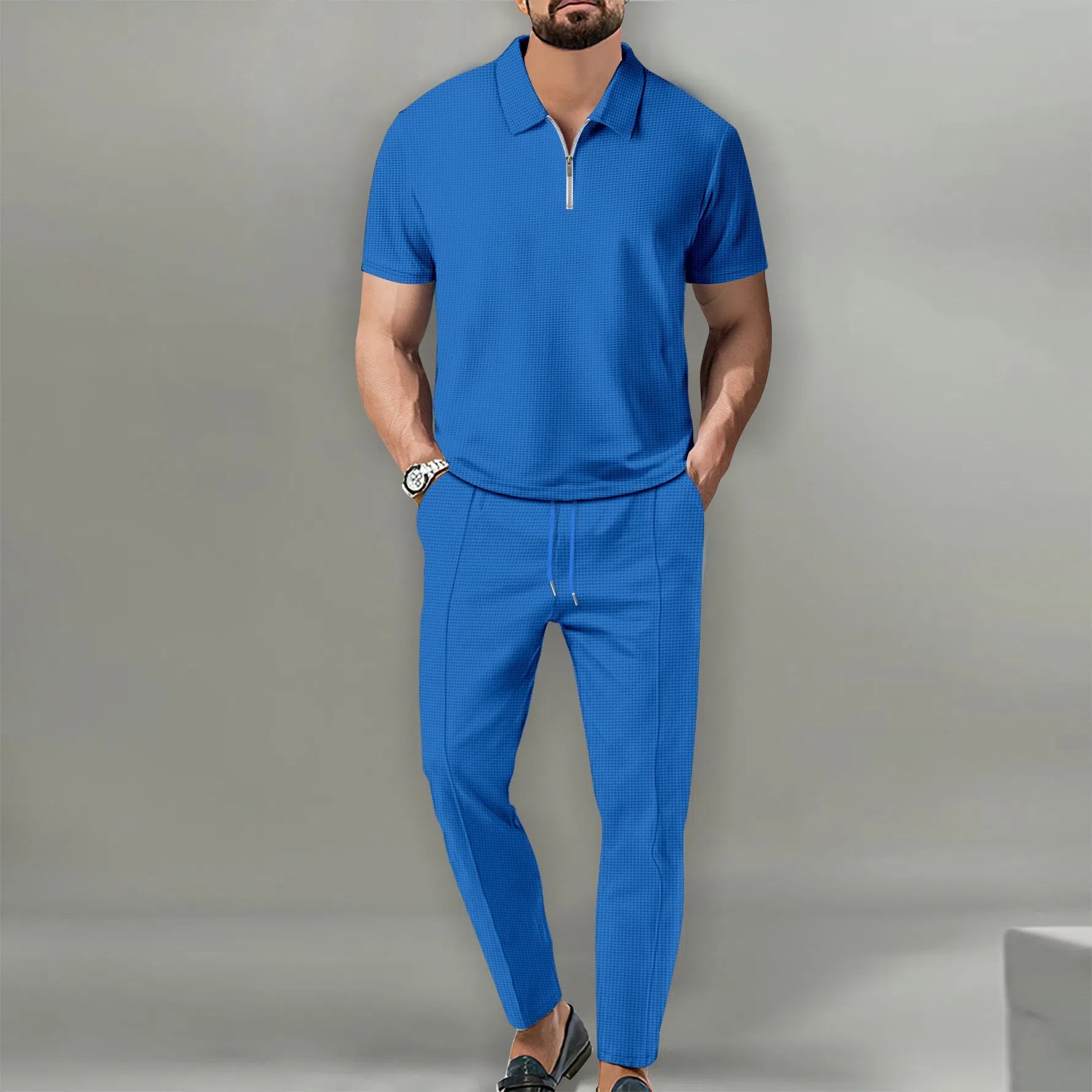 Men's solid colour waffle lapel suit set with short-sleeve top and trousers in khaki