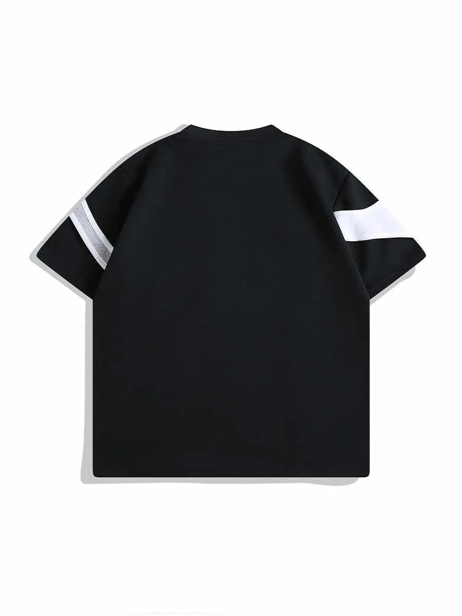 Men's black loose fit t-shirt with padded shoulder straps and double stitching detail