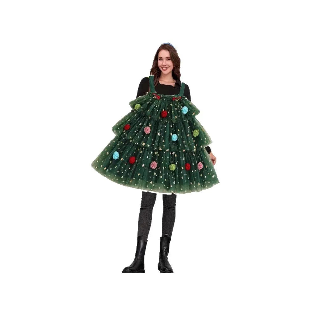 Green mesh sleeveless dress with Christmas tree print and polka dot decorative balls on a tiered skirt.