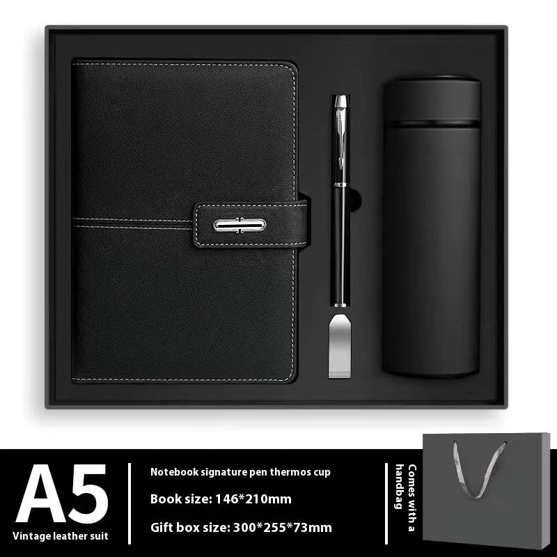 A5 notebook with PU leather cover in choice of colour, shown open on wood-free paper pages.