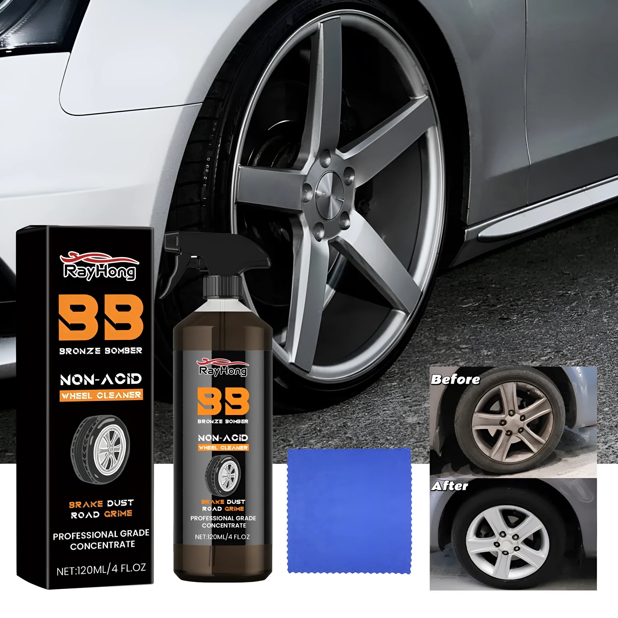 Car tire cleaner in a 4.5x18.7cm PE bottle with a 20x20cm towel for wheel hub cleaning
