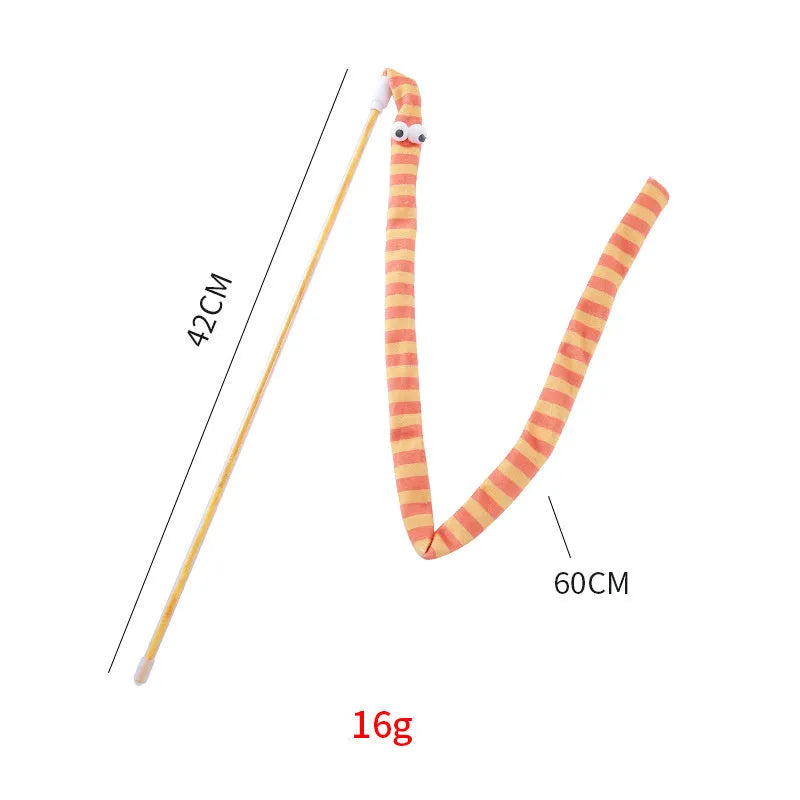 Cat wand teaser toy with long plush strip on a polycarbonate pole, shown in vibrant colours.