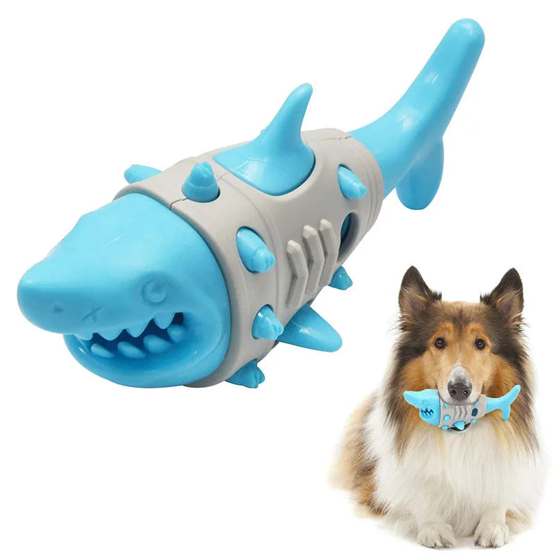 Blue textured dog chew toy shaped with ridges mimicking shark teeth for dental cleaning