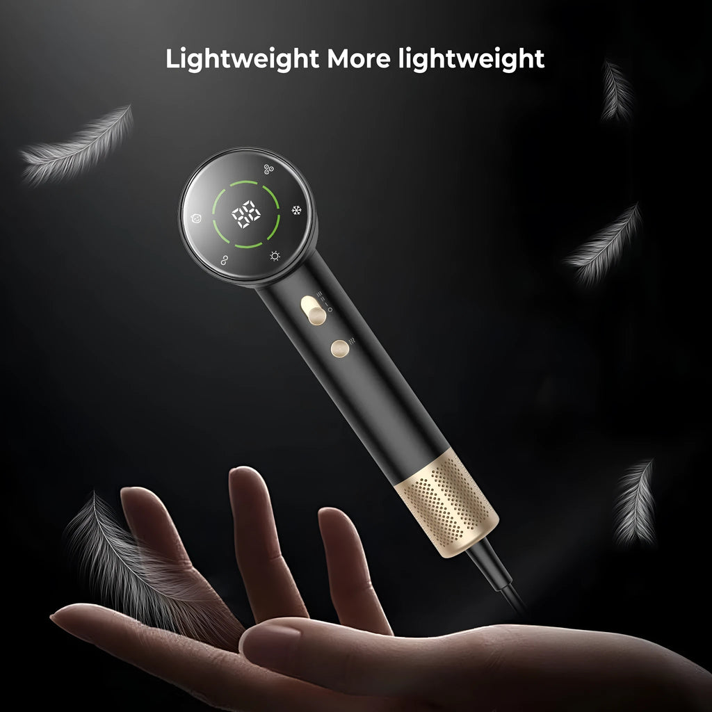 Black gold high-power hair dryer with screen display and brushless motor on neutral background