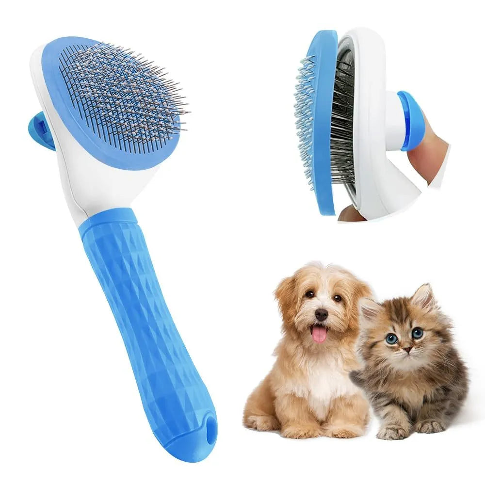 A grey cat grooming brush with a release button and fine wire bristles, shown removing loose fur.