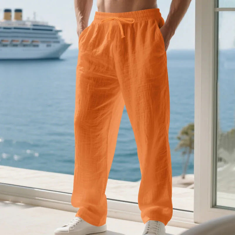 Men's linen solid colour loose wide leg drawstring trousers in orange, pink, fruit green, brown, denim blue, light gray, watermelon red, purplish red