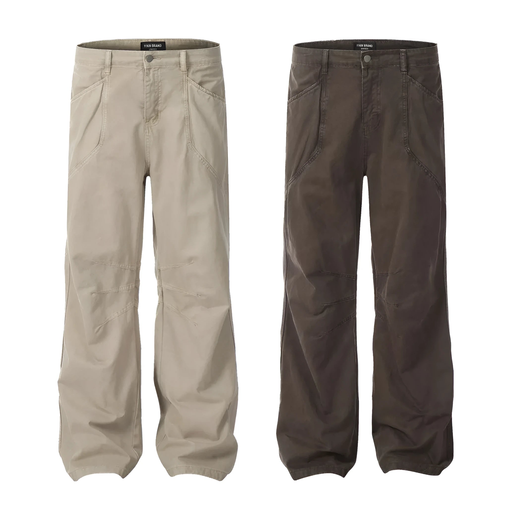 Men's loose straight-leg trousers in brown colour with high-waist design and zipper fly closure