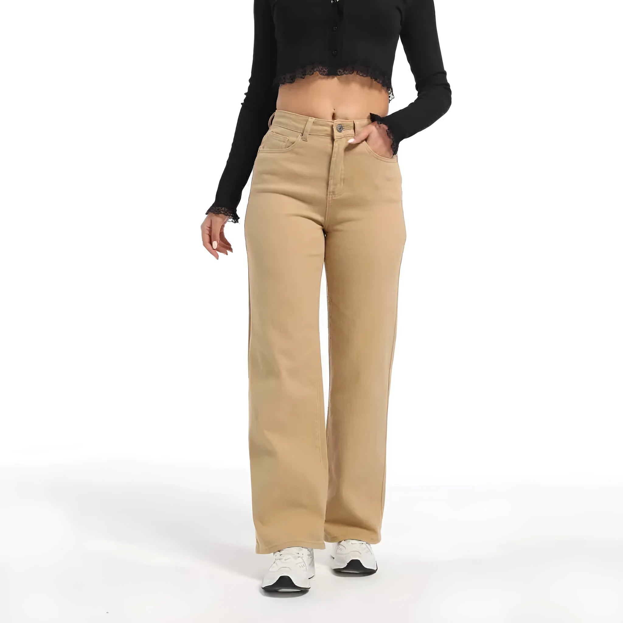 Women's straight leg wide leg jeans in apricot and khaki colours with high waist design