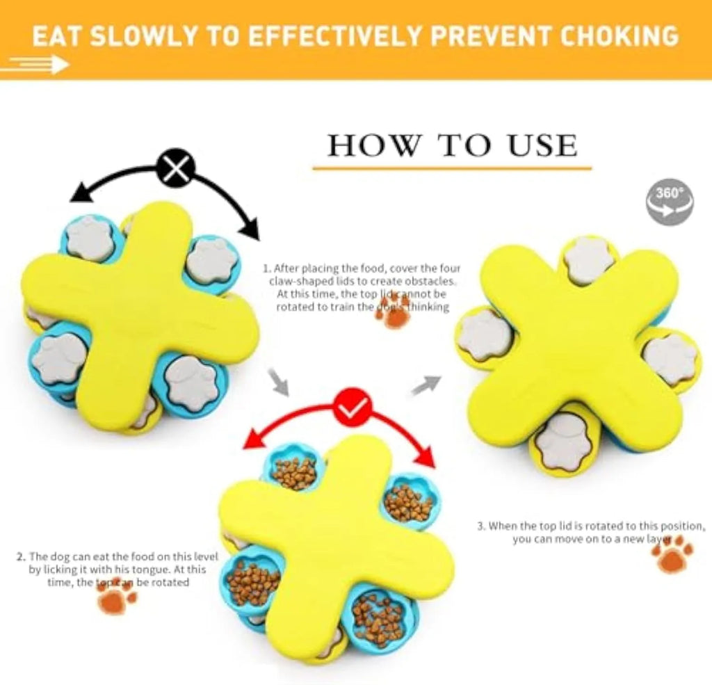 Yellow three-layer rotating dog puzzle feeder with claw-shaped lids and anti-slip rubber pads on the base.