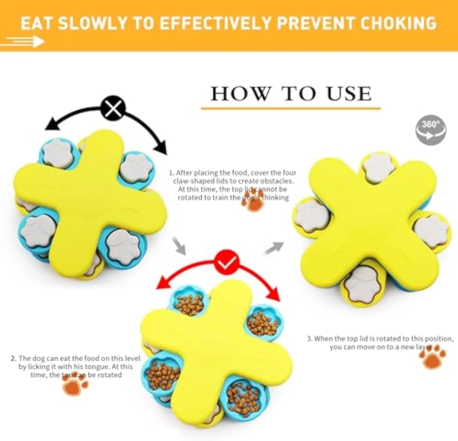 Yellow three-layer rotating dog puzzle feeder with claw-shaped lids and anti-slip rubber pads on the base.