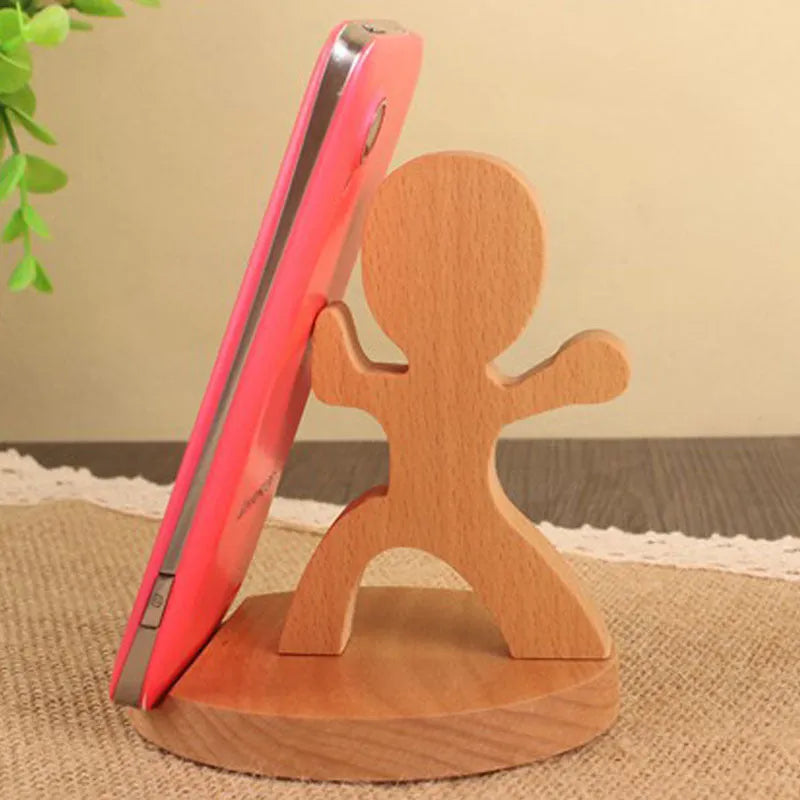 Handcrafted beech wood and resin lazy bracket mobile phone holder on a wooden desk