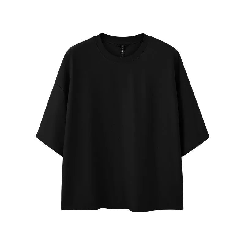 A sand grey men's loose fit short sleeve pullover made from a cotton and polyester blend fabric.