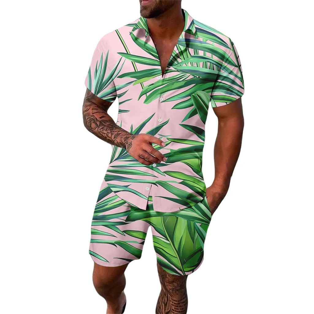 Man wearing a digitally printed short sleeve casual shirt with matching trousers from a suit set.