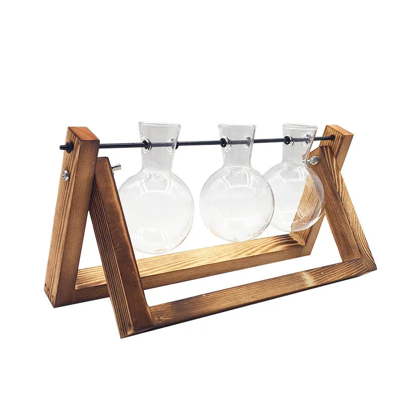 Wooden stand hydroponic plant container with geometric glass vases in pastoral style