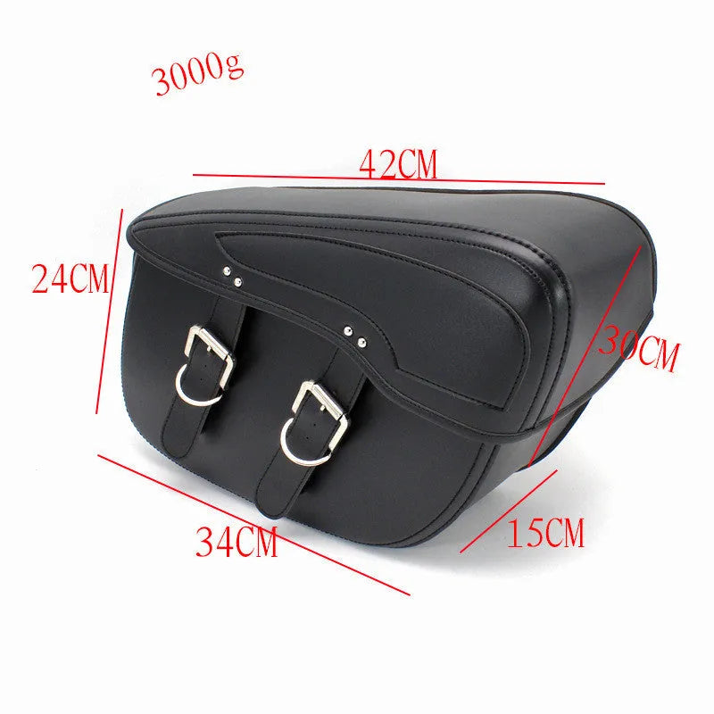 Black PU leather motorcycle saddle bag with retro design, shown mounted as a side box.