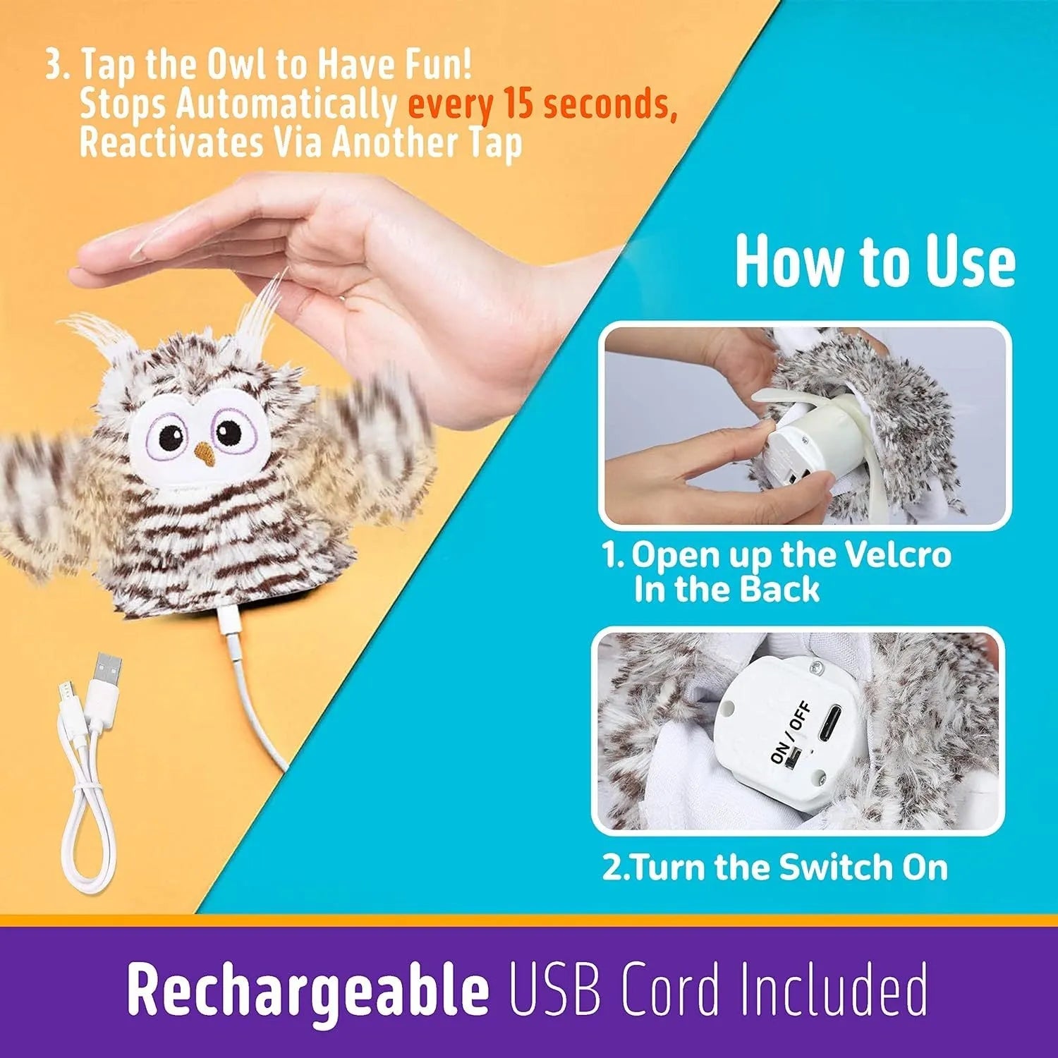 Grey automatic owl cat toy with flapping wings on a flat surface