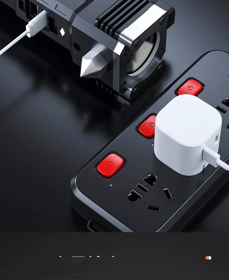 Silver portable power bank with integrated LED flashlight for emergency and outdoor use.