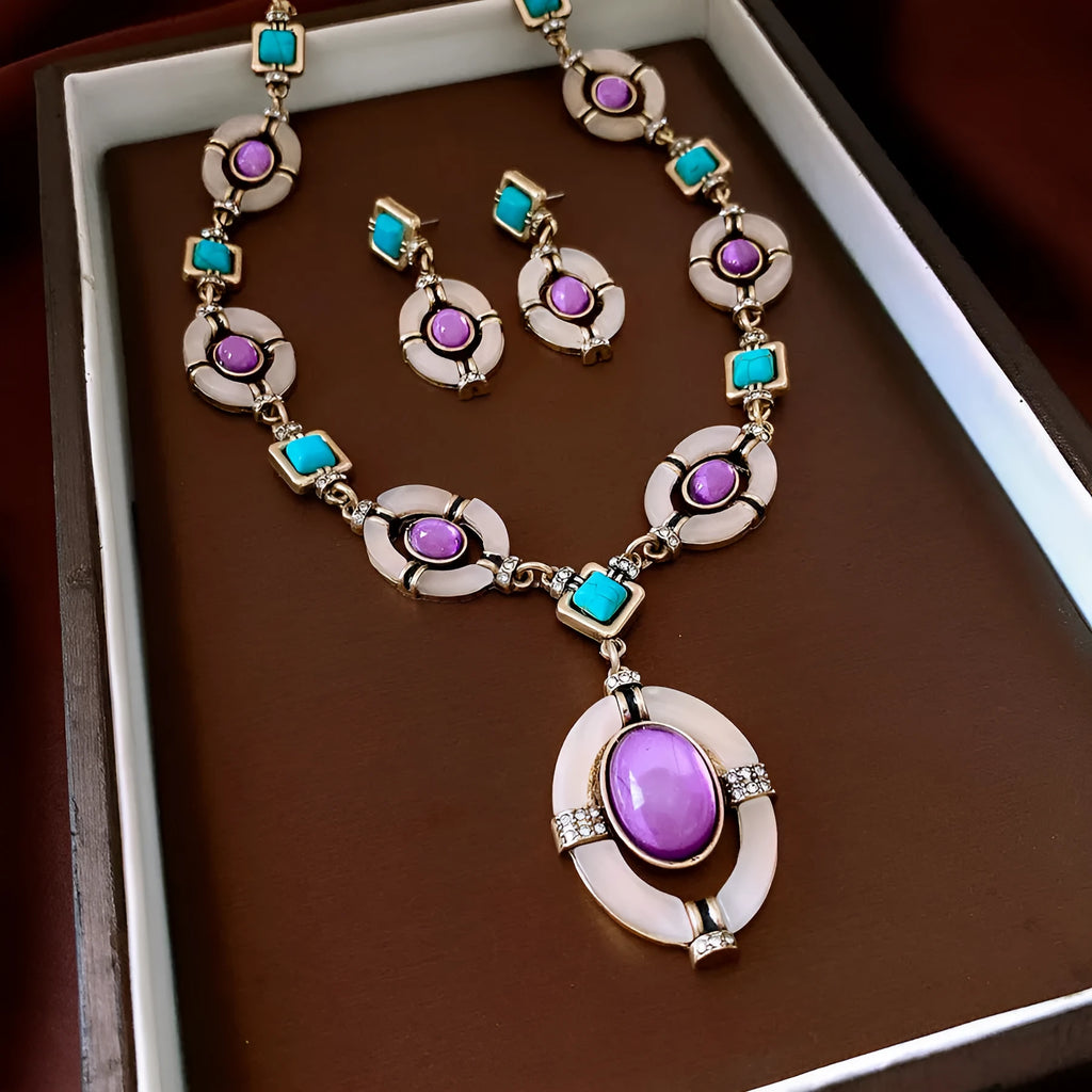 Diamond oval pendant earrings and clavicle necklace jewellery set in Chinese style alloy silver needle golden blue purple