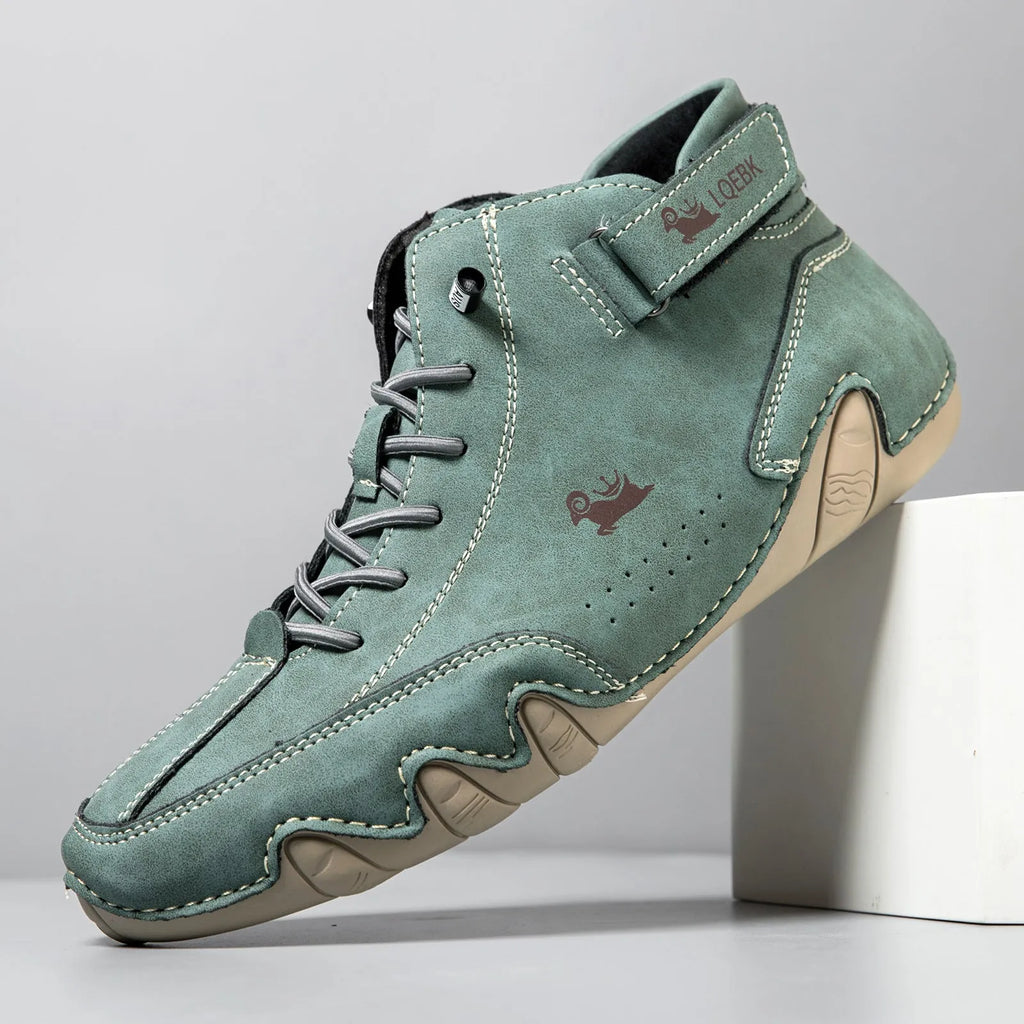 Men's brown high-top casual Martin boots with round toe and flat rubber sole.