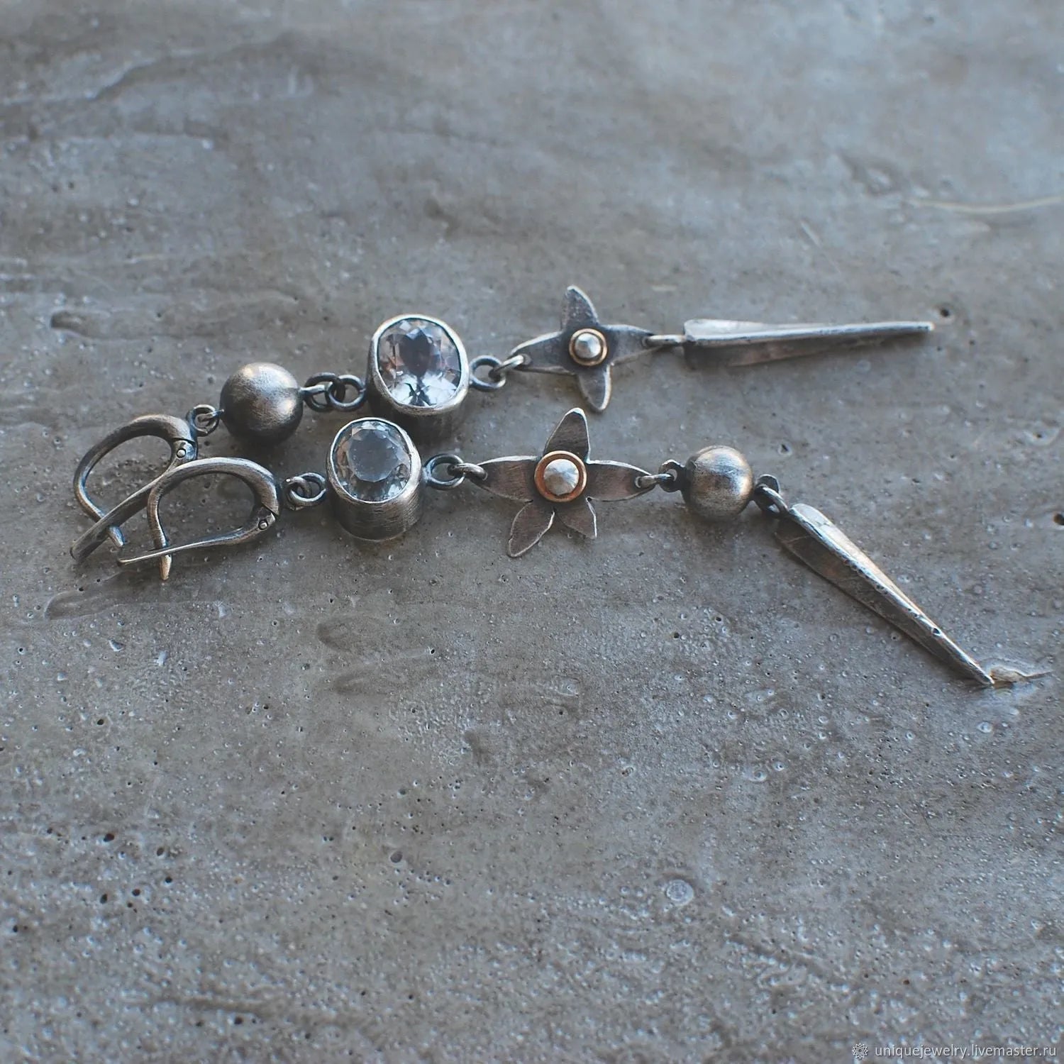 Geometric antique silver rhinestone pendant earrings with XINGX design on alloy base