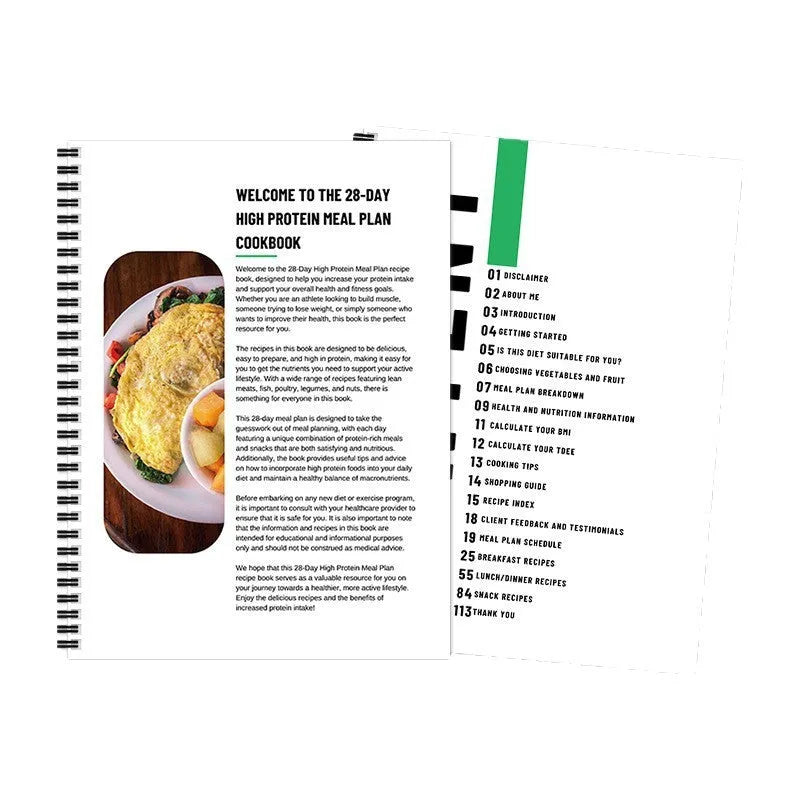28-day high-protein diet plan book with paper pages, 21cm by 28.5cm, cover labelled 28Day Dietary Plan