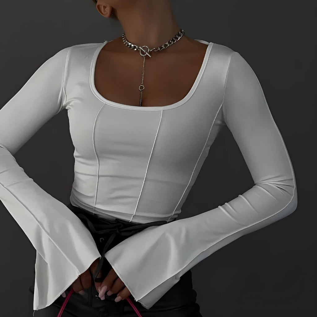 Square-neck fitted long-sleeve knit top in white with 3D pattern and flared sleeves