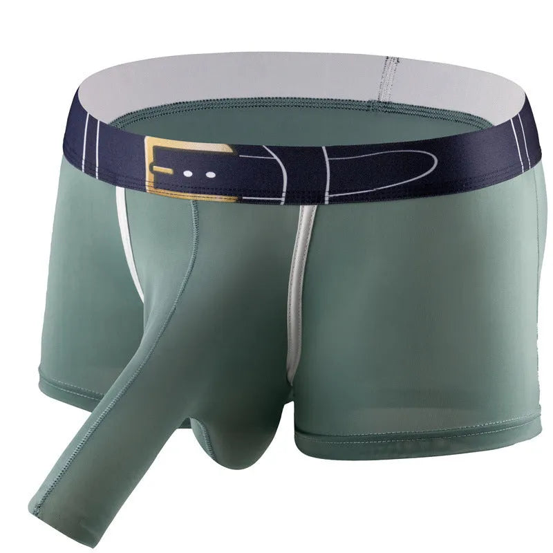 A pair of solid grey men's ice silk boxers laid flat, showing the mid-waist design.