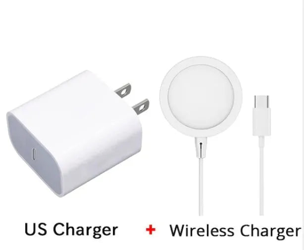 Silver metal Magsafe-compatible magnetic wireless charger for iPhone on a wooden desk