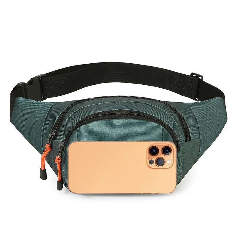 Large black waterproof slanted chest bag made of nylon, showing its front compartment and adjustable strap.