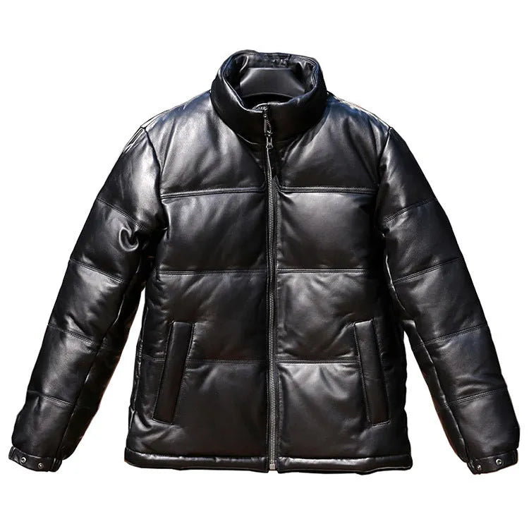 Men's black stand collar sheepskin down leather jacket with pocket decoration and white duck down filling