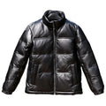 Men's black stand collar sheepskin down leather jacket with pocket decoration and white duck down filling