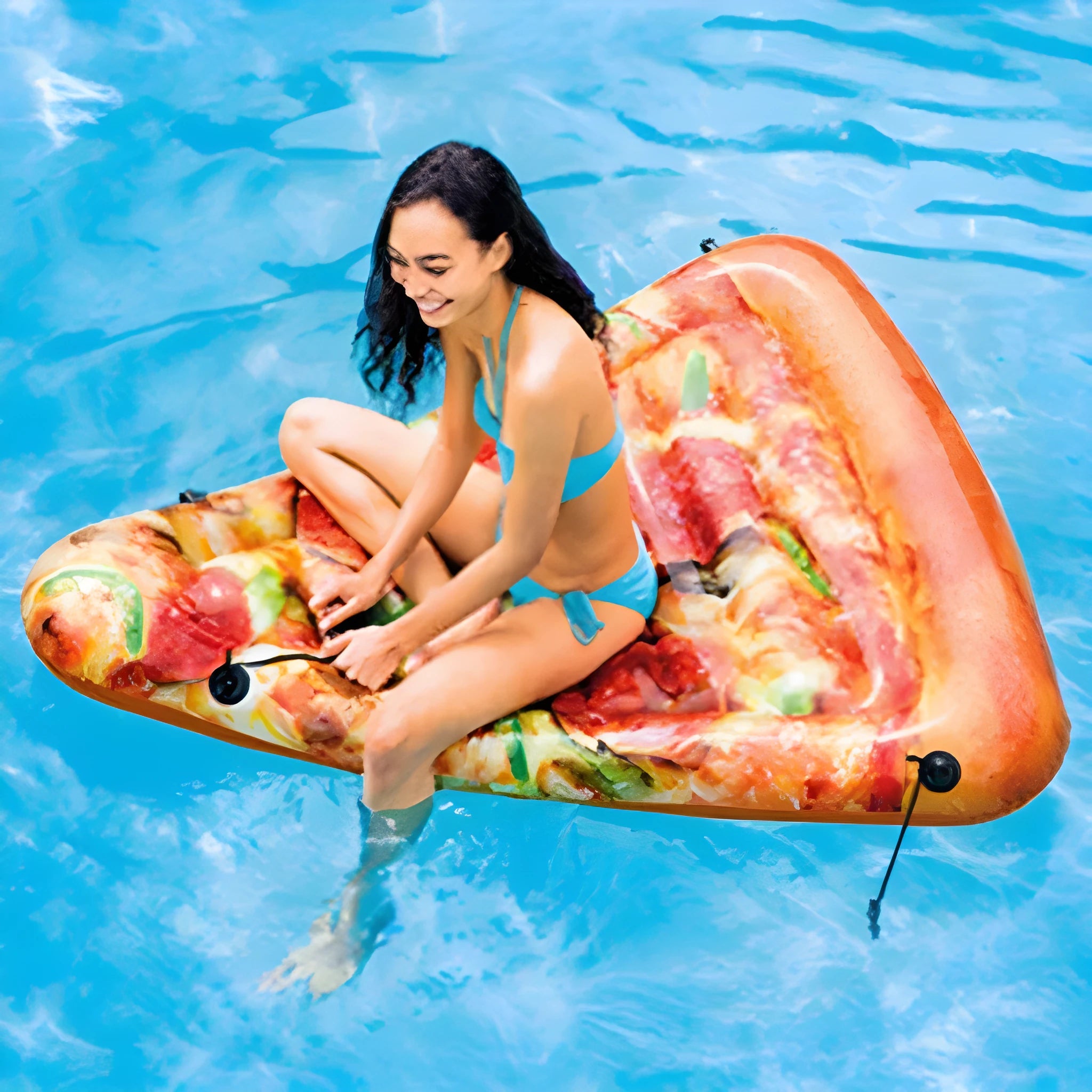 Blue pizza float surfboard inflatable recliner with red trim measuring 175cm x 145cm for pool lounging