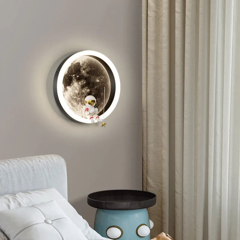 Modern minimalist moon wall lamp with acrylic shade in black or white finish showing smart lighting modes