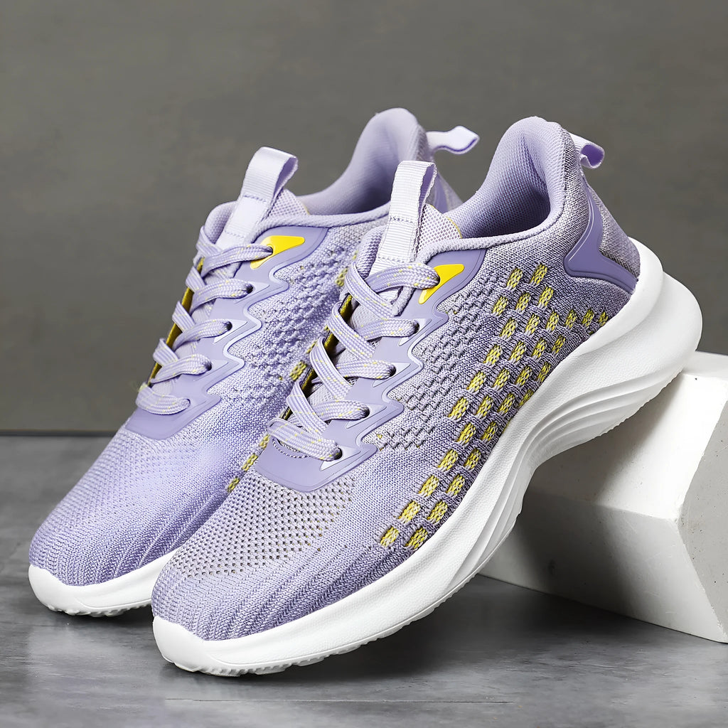 Women's Lavender Purple Flyknit running shoes with striped mesh design and EVA sole