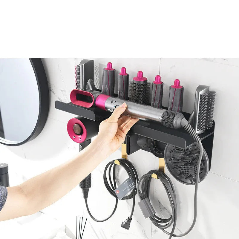 Wall-mounted aluminium alloy curling rod storage rack and hair dryer holder with anodised finish for barber shop use