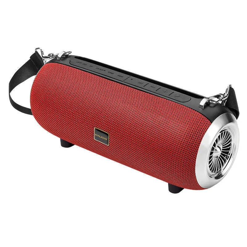 F666 square portable Bluetooth speaker with shoulder strap, phone stand, and retractable FM antenna.