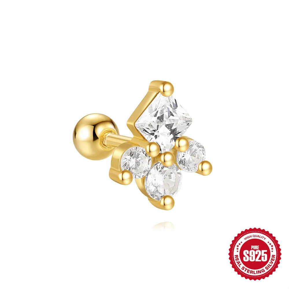 S925 sterling silver red earrings with flower design and square gravel stud elements