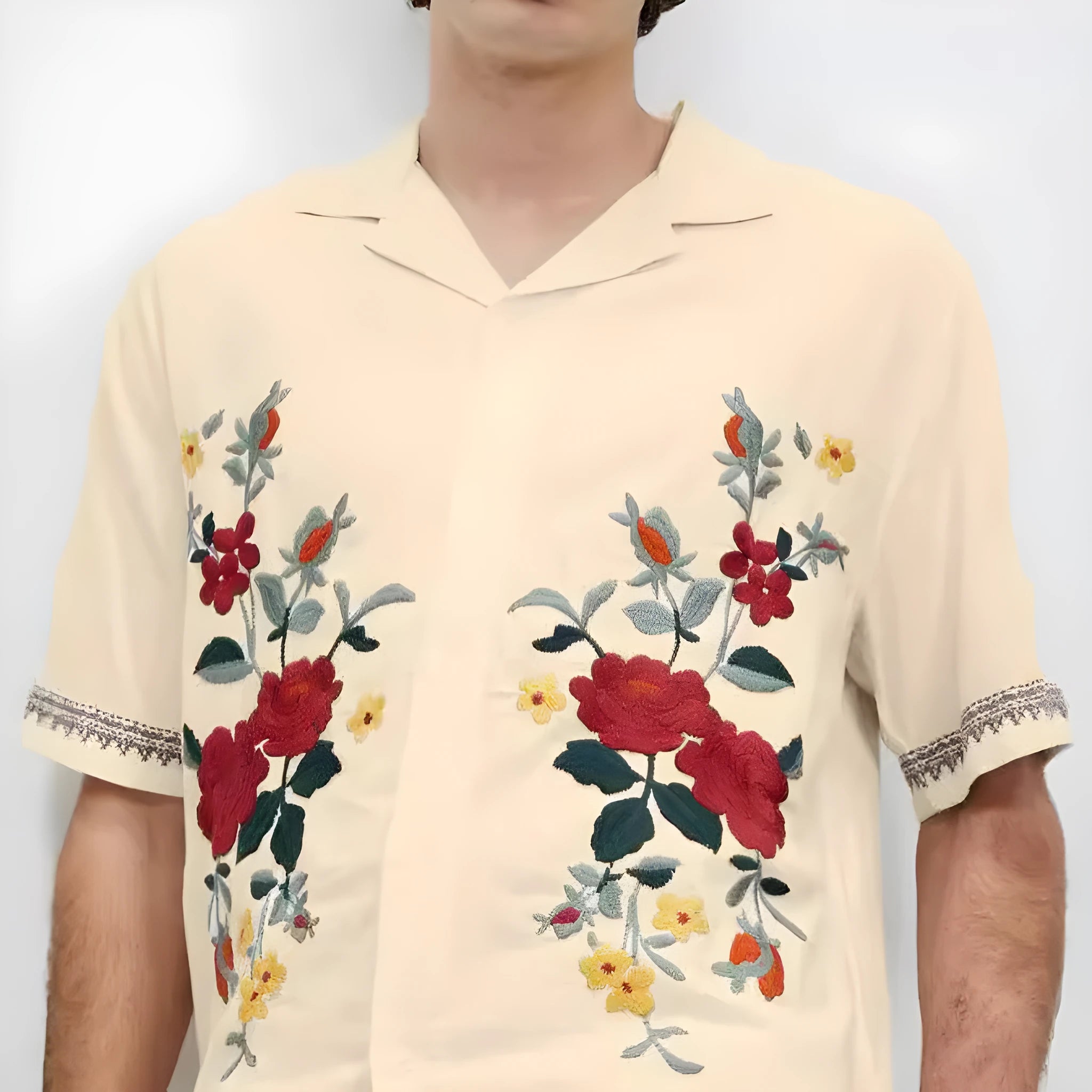 Men's apricot vintage floral print short sleeve shirt with loose fit and lapel collar