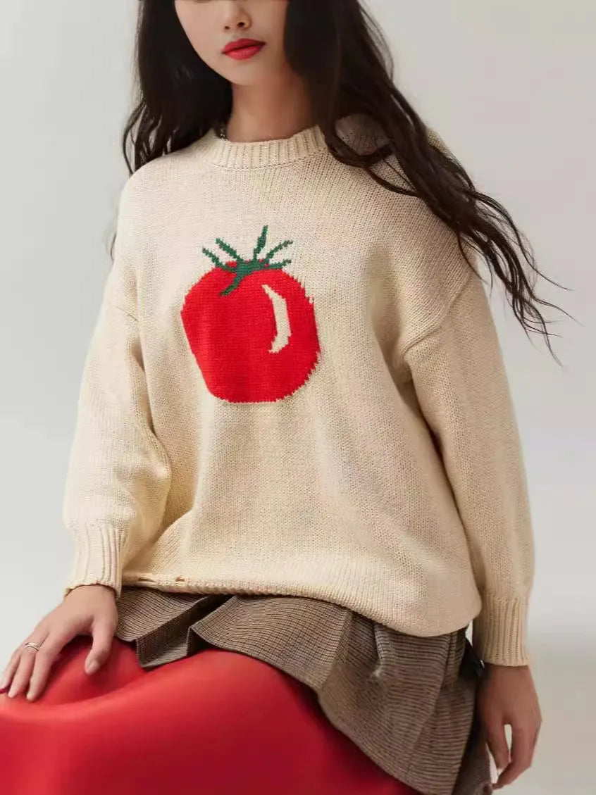 Women's milky white acrylic jacquard pullover sweater with round neck and loose fit