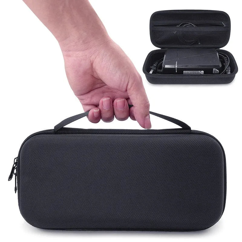 EVA hard shell motorcycle charger storage bag in black with sewn construction, side view interior showing padded interior