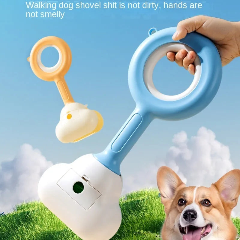 Blue dog pooper scooper with cloud-shaped jaw and comfortable grip handle for outdoor waste pickup