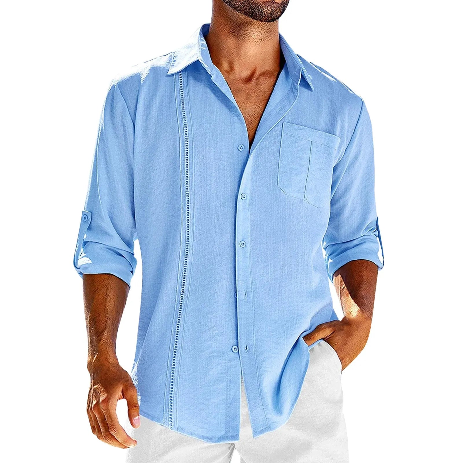 Men's grey casual long sleeve button-up shirt with polo collar and lace-trimmed chest pocket.