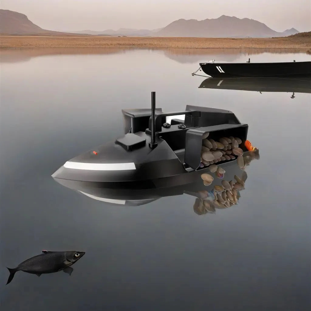 V020 GPS remote control fishing boat in luminous yellow on water, showing remote control unit and carry bag.