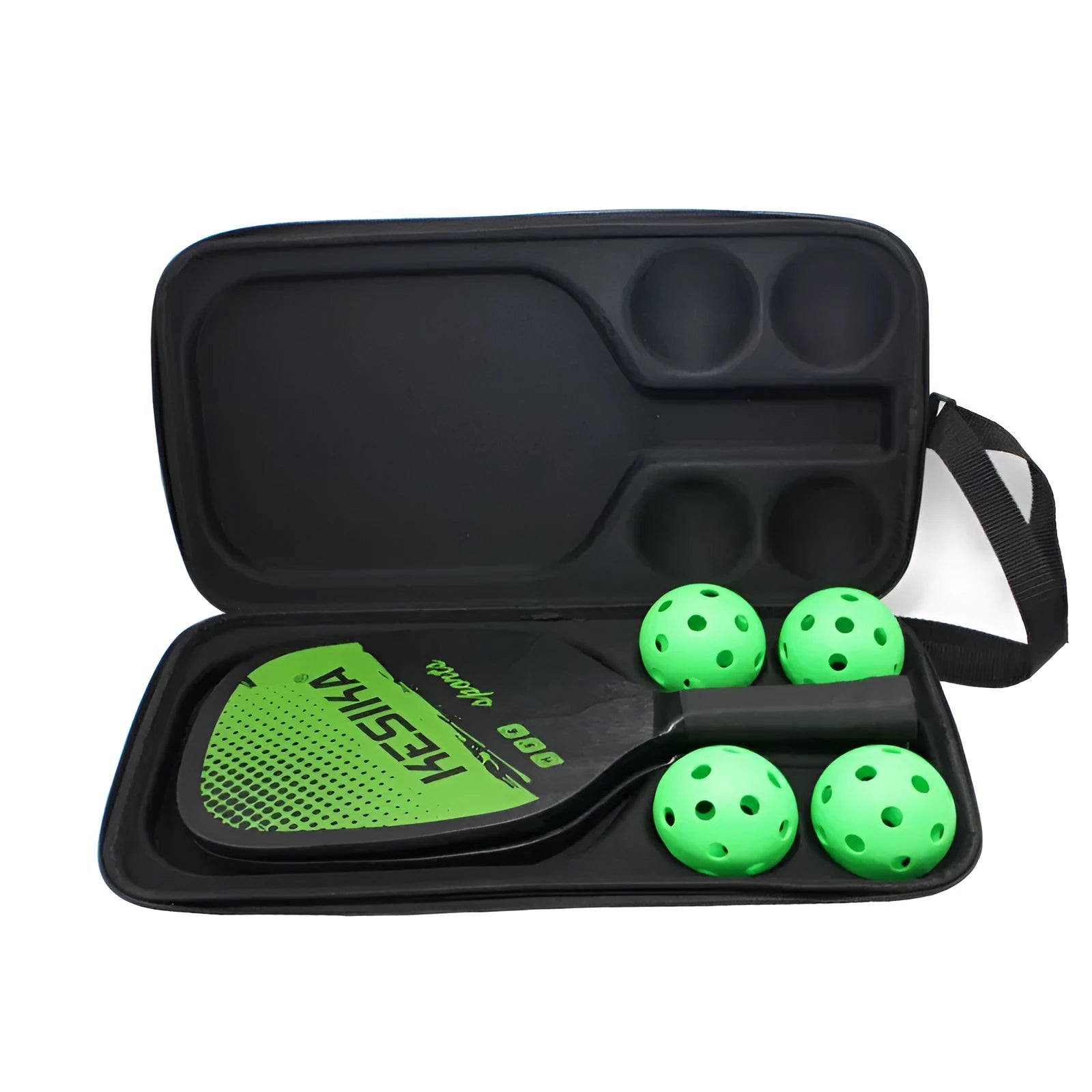 Black EVA pickleball storage bag with double shoulder straps, showing paddle and balls inside.