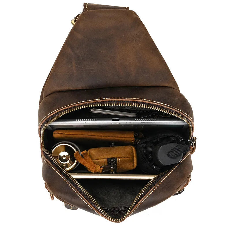 Men's first layer cowhide retro crossbody shoulder bag in solid 9334 brown colour