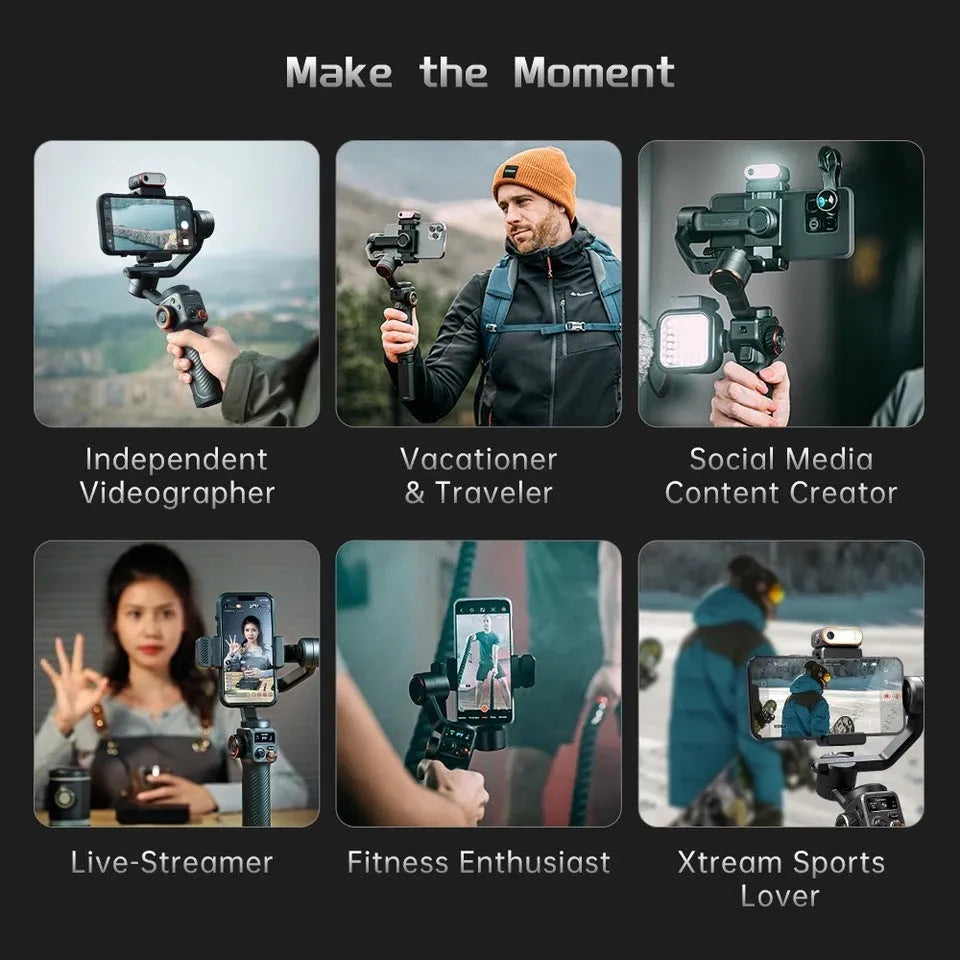 Black AI face tracking fill light and three-axis camera stabiliser kit with tripod