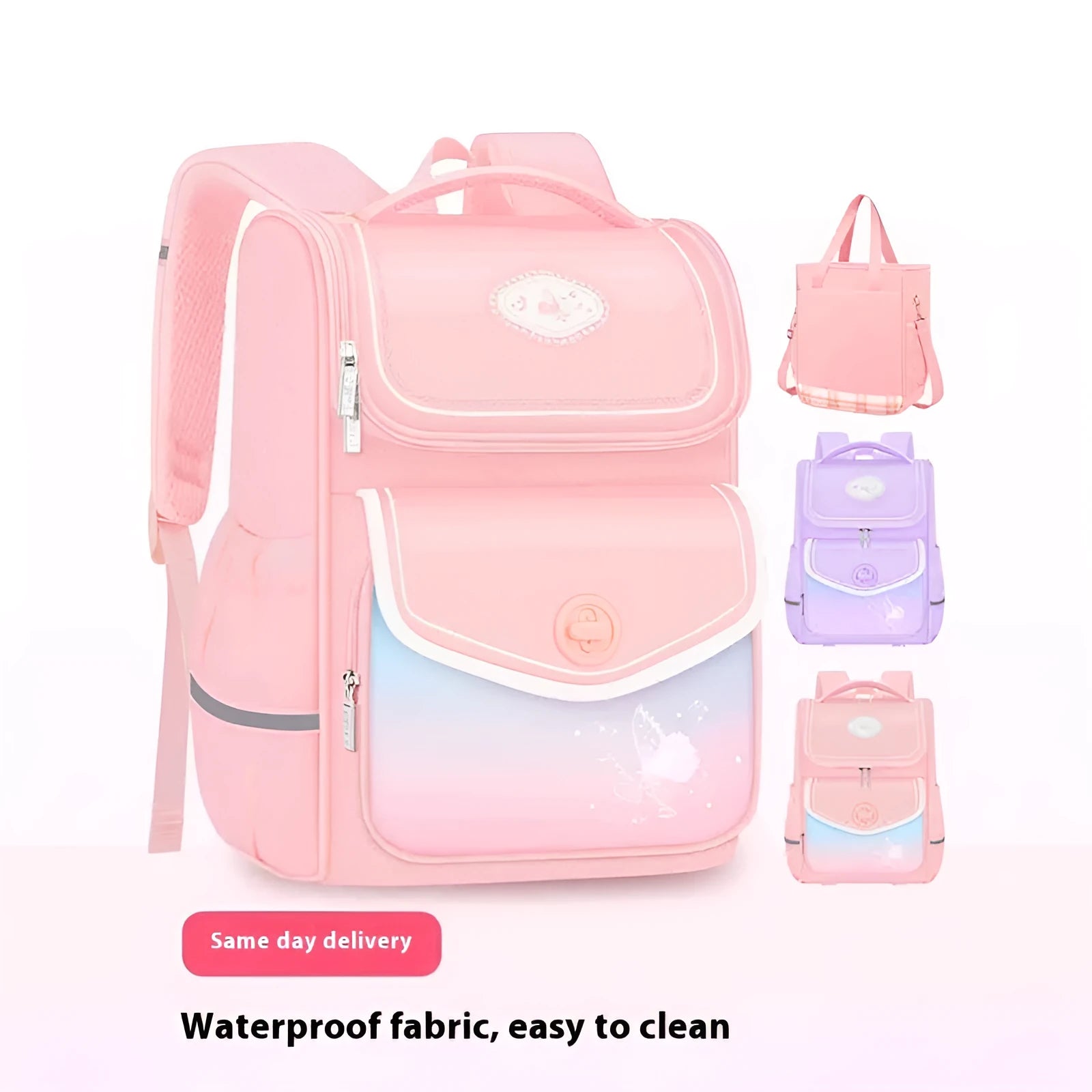 Pink waterproof girls school backpack with large capacity for primary school students