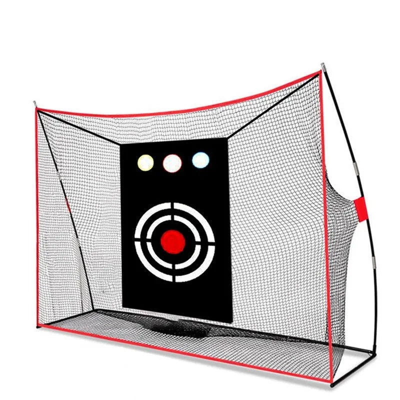 Golf wedge training net with 3-hole target and straw practice mat with accessories