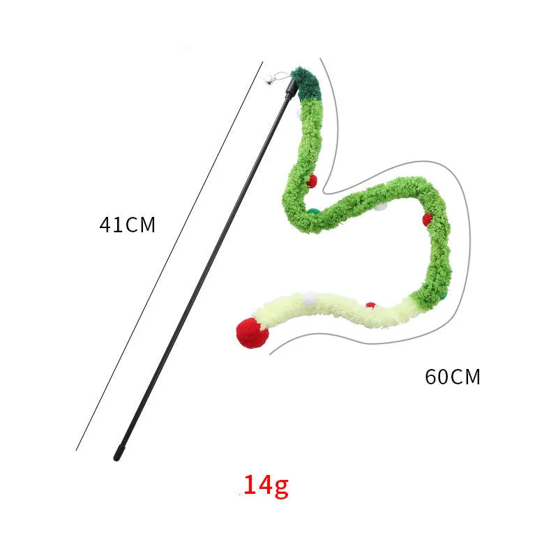 Interactive cat toy wand with colourful plush strip and bell attachment for indoor cat play
